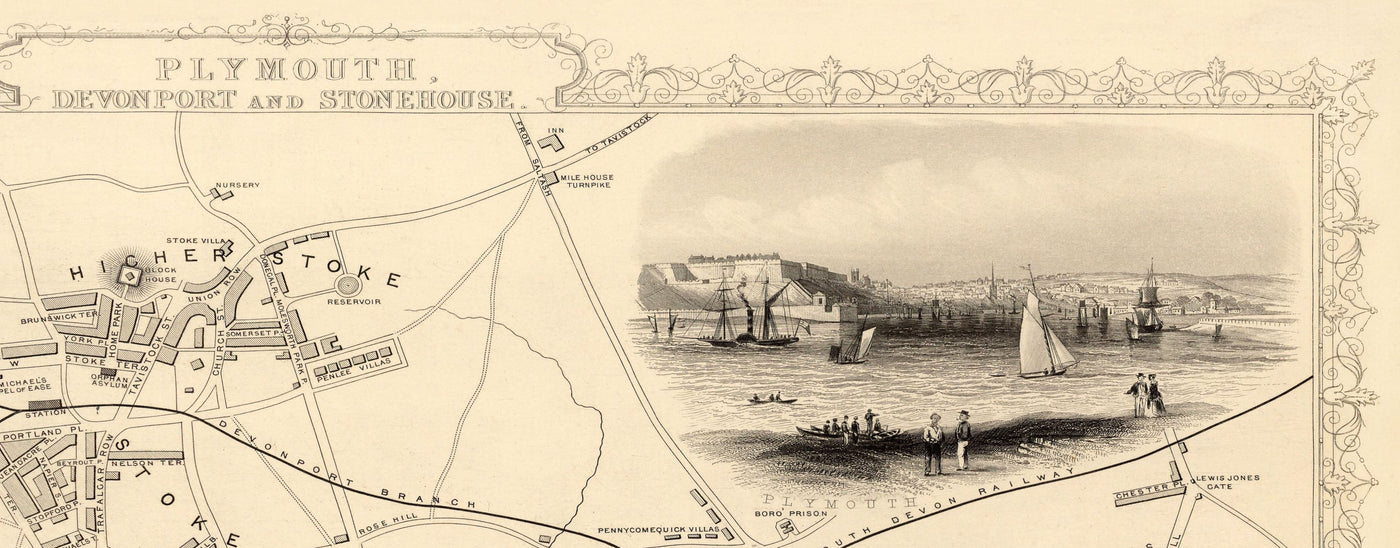 Old Monochrome Map of Plymouth in 1851 by Tallis, Rapkin - Stonehouse, Devonport