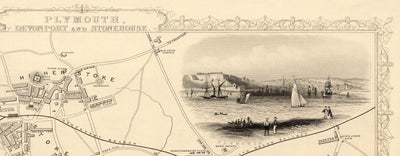 Old Monochrome Map of Plymouth in 1851 by Tallis, Rapkin - Stonehouse, Devonport