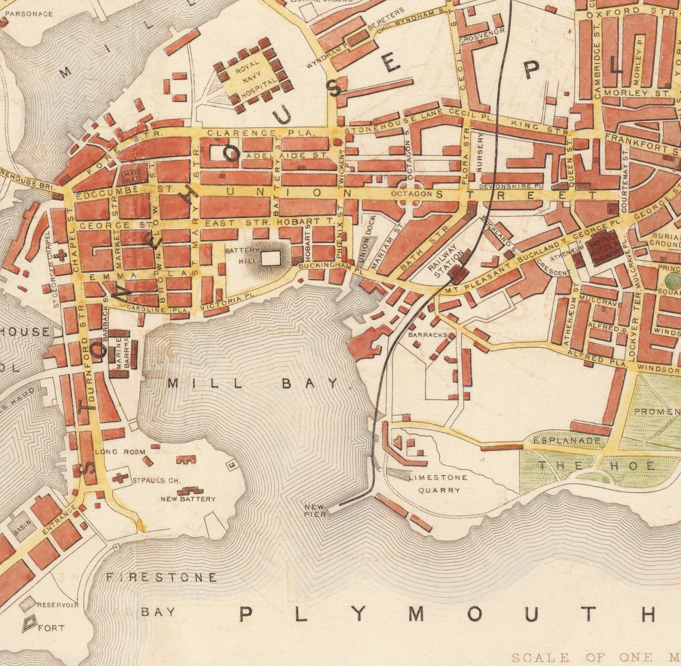 Old Handcoloured Map of Plymouth in 1851 by Tallis, Rapkin - Stonehouse, Devonport