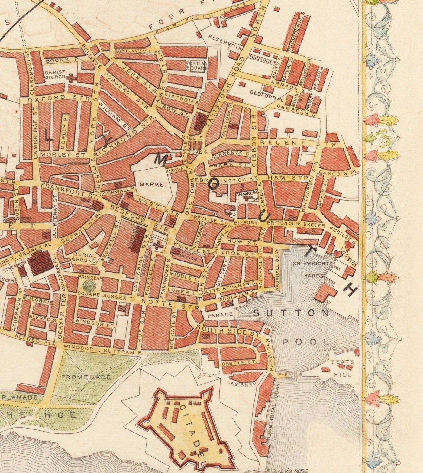 Old Handcoloured Map of Plymouth in 1851 by Tallis, Rapkin - Stonehouse, Devonport