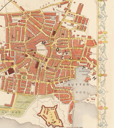 Old Handcoloured Map of Plymouth in 1851 by Tallis, Rapkin - Stonehouse, Devonport