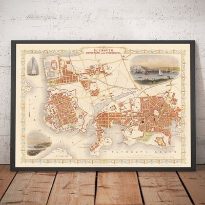 Old Handcoloured Map of Plymouth in 1851 by Tallis, Rapkin - Stonehouse, Devonport