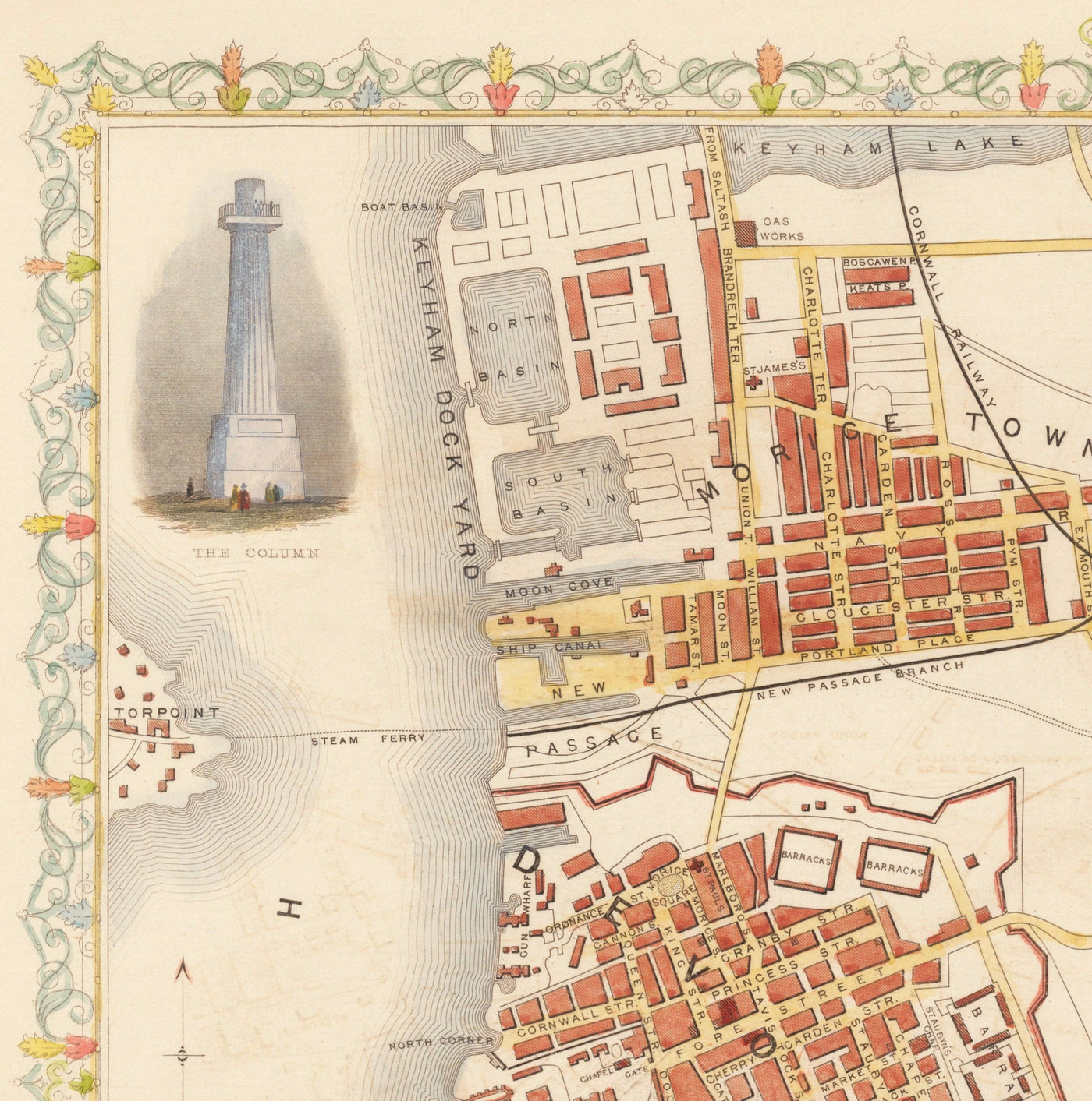 Old Handcoloured Map of Plymouth in 1851 by Tallis, Rapkin - Stonehouse, Devonport