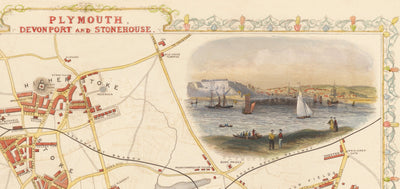 Old Handcoloured Map of Plymouth in 1851 by Tallis, Rapkin - Stonehouse, Devonport