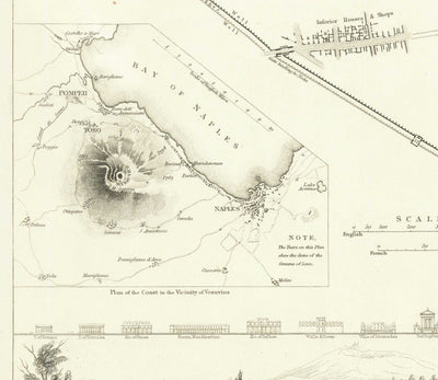 Mapa antiguo de Pompeya en 1832 por SDUK - Monte Vesubio, Casa de Pansa, Foro, Teatro Grande, Casa de los Vettii, Casa del Fauno