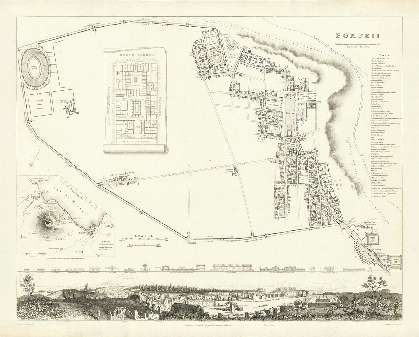 Mapa antiguo de Pompeya en 1832 por SDUK - Monte Vesubio, Casa de Pansa, Foro, Teatro Grande, Casa de los Vettii, Casa del Fauno