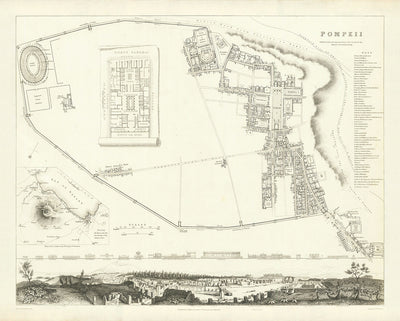 Mapa antiguo de Pompeya en 1832 por SDUK - Monte Vesubio, Casa de Pansa, Foro, Teatro Grande, Casa de los Vettii, Casa del Fauno