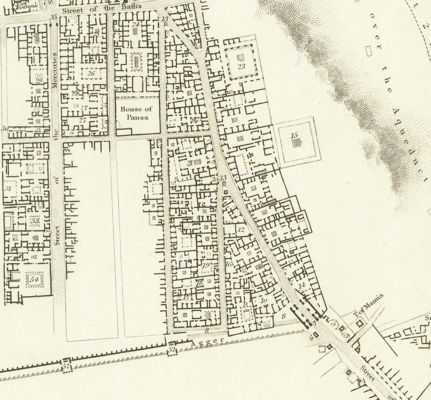 Mapa antiguo de Pompeya en 1832 por SDUK - Monte Vesubio, Casa de Pansa, Foro, Teatro Grande, Casa de los Vettii, Casa del Fauno