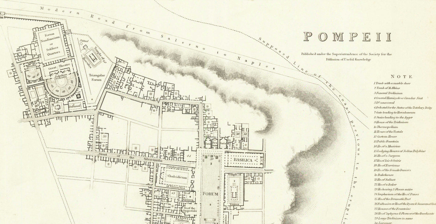 Mapa antiguo de Pompeya en 1832 por SDUK - Monte Vesubio, Casa de Pansa, Foro, Teatro Grande, Casa de los Vettii, Casa del Fauno