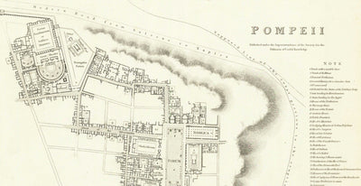 Mapa antiguo de Pompeya en 1832 por SDUK - Monte Vesubio, Casa de Pansa, Foro, Teatro Grande, Casa de los Vettii, Casa del Fauno