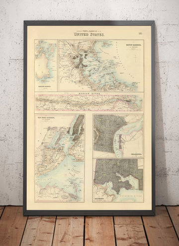 Mappa antica dei porti e dei porti del nord degli USA, 1872 di Fullarton - Fiume Hudson, Boston, Filadelfia, New York, Portland 