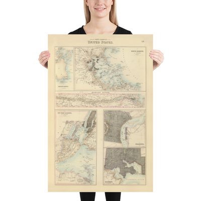 Alte Karte der Häfen und Hafenanlagen im Norden der USA, 1872 von Fullarton - Hudson River, Boston, Philadelphia, New York, Portland 
