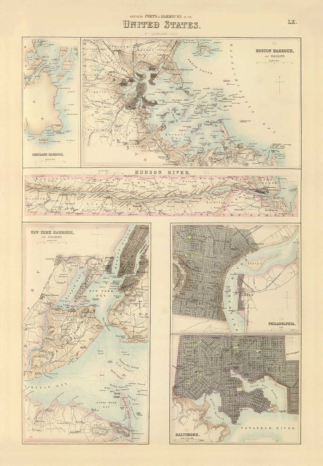 Alte Karte der Häfen und Hafenanlagen im Norden der USA, 1872 von Fullarton - Hudson River, Boston, Philadelphia, New York, Portland 