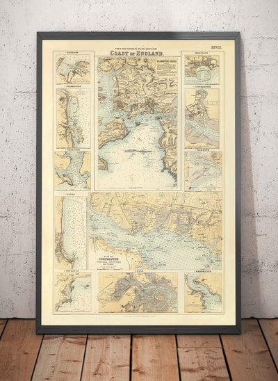Antiguo mapa de los puertos del sureste de Inglaterra, 1872 por Fullarton - Margate, Dover, Falmouth, Folkestone, Portsmouth