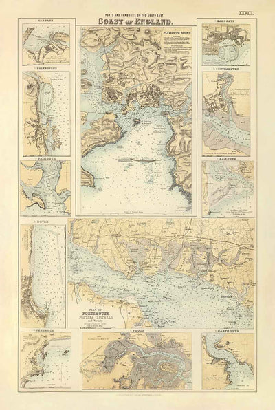 Antiguo mapa de los puertos del sureste de Inglaterra, 1872 por Fullarton - Margate, Dover, Falmouth, Folkestone, Portsmouth