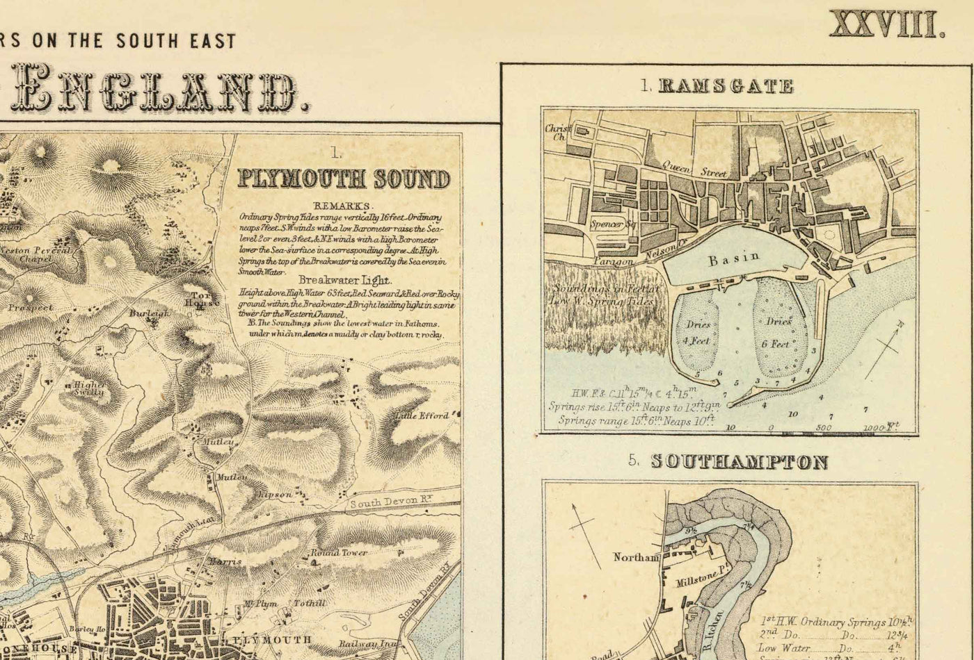 Antiguo mapa de los puertos del sureste de Inglaterra, 1872 por Fullarton - Margate, Dover, Falmouth, Folkestone, Portsmouth