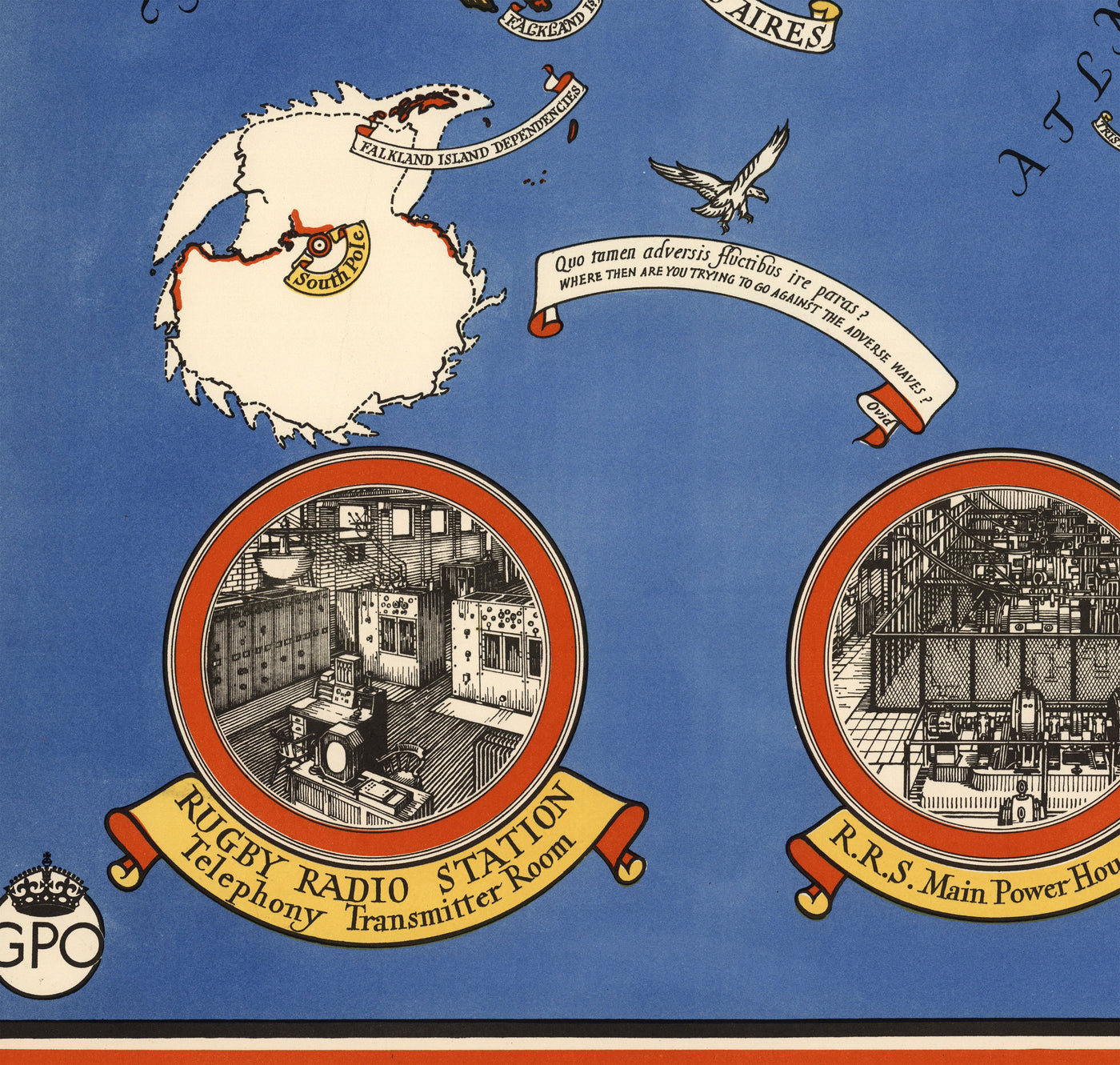 Post Office Radio Telephone World Map, 1935 by Max Gill - British Empire Wireless Network Wall Chart