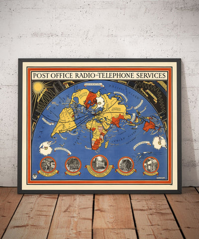 Post Office Radio Telephone World Map, 1935 by Max Gill - British Empire Wireless Network Wall Chart
