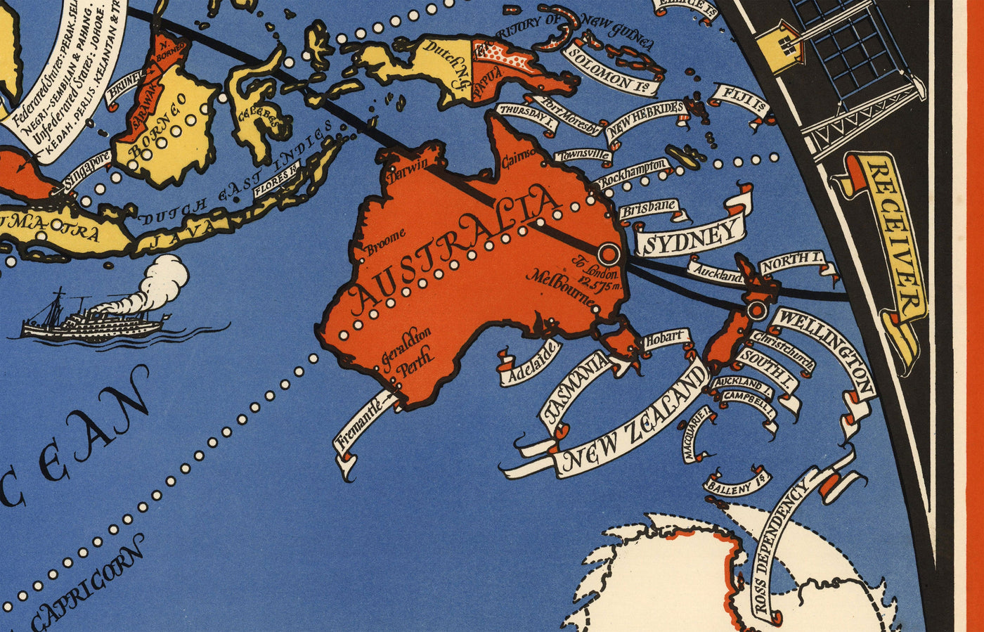 Post Office Radio Telephone World Map, 1935 by Max Gill - British Empire Wireless Network Wall Chart