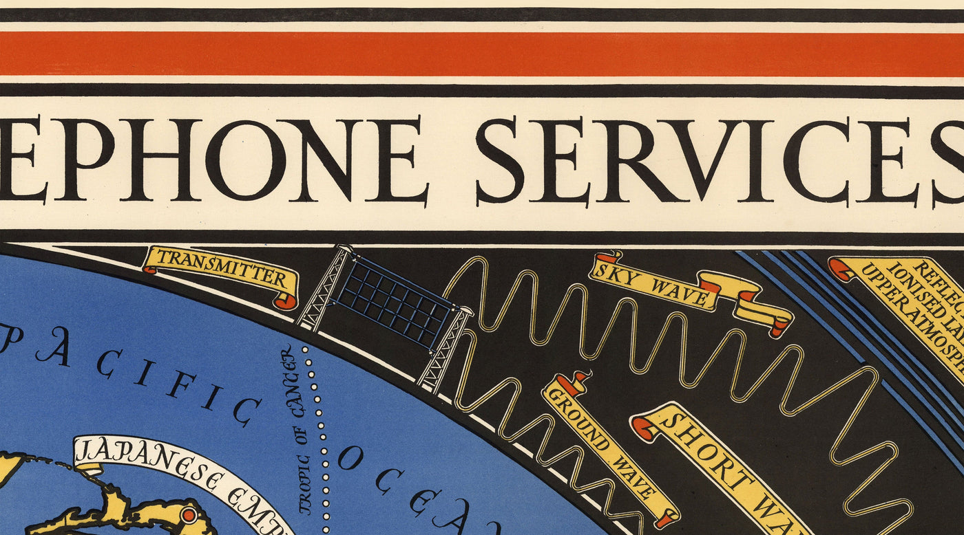 Post Office Radio Telephone World Map, 1935 by Max Gill - British Empire Wireless Network Wall Chart