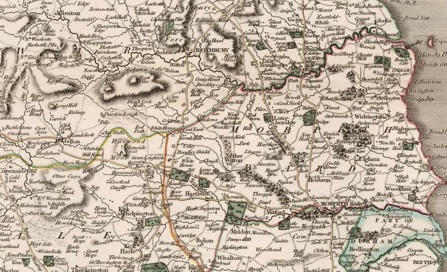 Mappa antica del Northumberland nel 1801 di John Cary - Newcastle, Belford, Hexham, Haltwhistle, Durham 