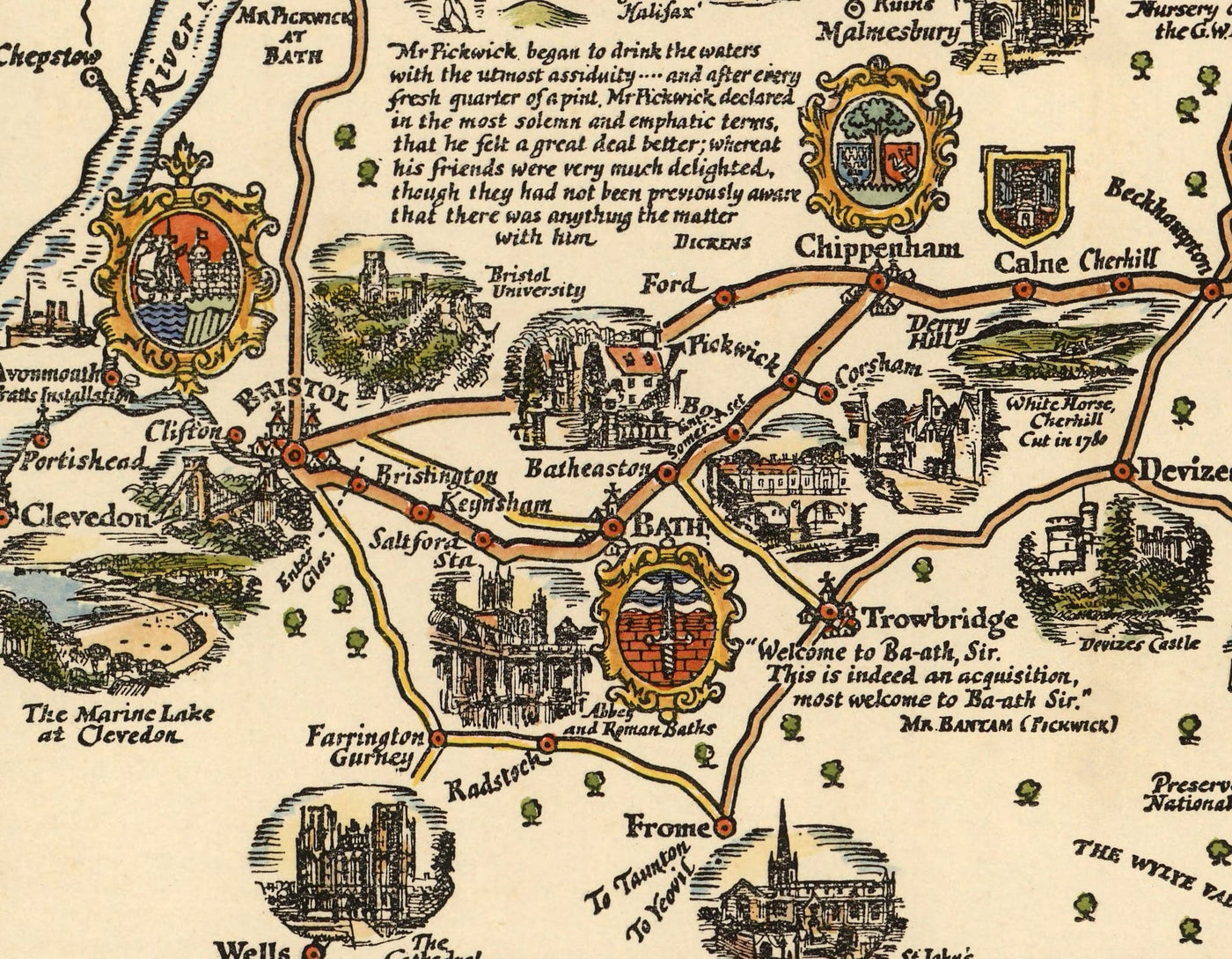 Pratts Plan of Bath Road, 1930 by A.E. Taylor - London, Berkshire, Wiltshire, Gloucestershire, Somerset - Old Vintage Car Map - Esso, Standard Oil
