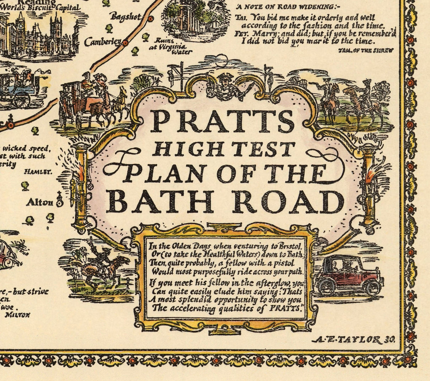 Pratts Plan of Bath Road, 1930 by A.E. Taylor - London, Berkshire, Wiltshire, Gloucestershire, Somerset - Old Vintage Car Map - Esso, Standard Oil