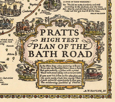 Pratts Plan of Bath Road, 1930 by A.E. Taylor - London, Berkshire, Wiltshire, Gloucestershire, Somerset - Old Vintage Car Map - Esso, Standard Oil
