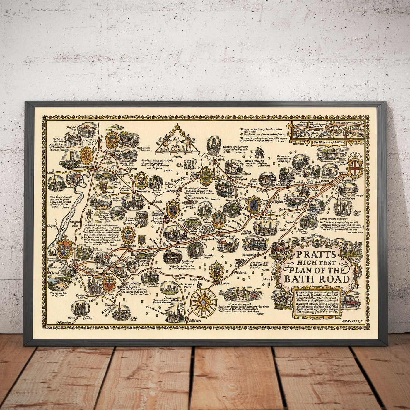 Pratts Plan of Bath Road, 1930 by A.E. Taylor - London, Berkshire, Wiltshire, Gloucestershire, Somerset - Old Vintage Car Map - Esso, Standard Oil