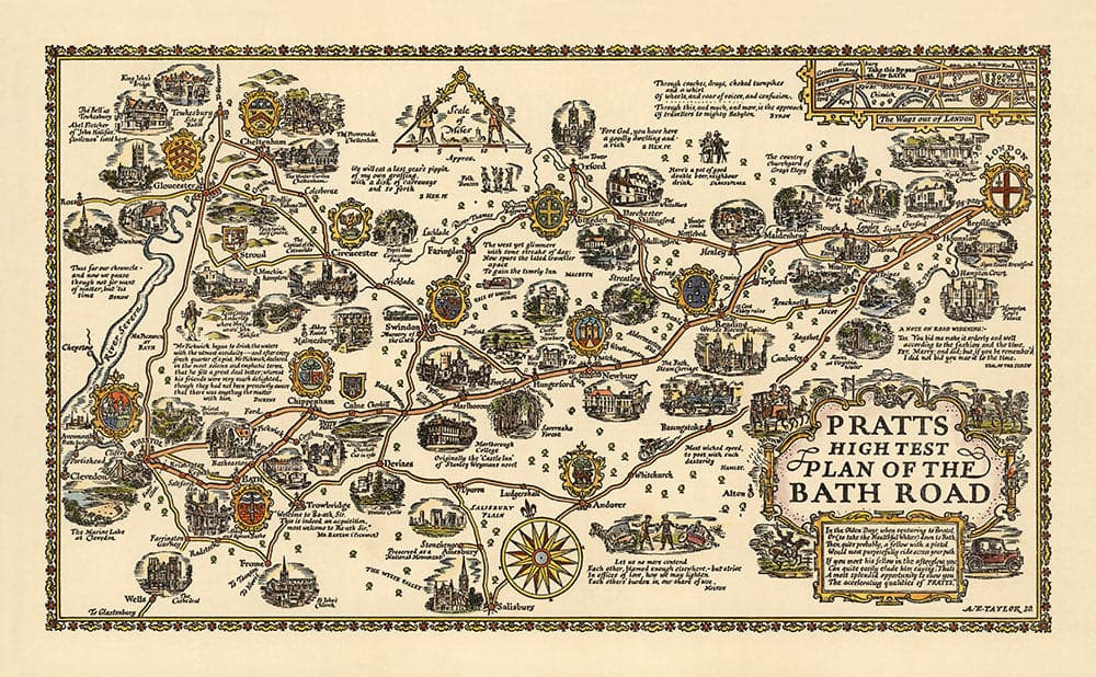 Pratts Plan of Bath Road, 1930 by A.E. Taylor - London, Berkshire, Wiltshire, Gloucestershire, Somerset - Old Vintage Car Map - Esso, Standard Oil