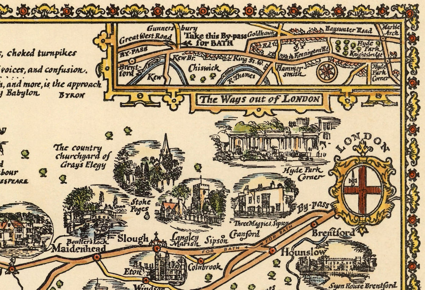 Pratts Plan of Bath Road, 1930 by A.E. Taylor - London, Berkshire, Wiltshire, Gloucestershire, Somerset - Old Vintage Car Map - Esso, Standard Oil