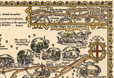 Pratts Plan of Bath Road, 1930 by A.E. Taylor - London, Berkshire, Wiltshire, Gloucestershire, Somerset - Old Vintage Car Map - Esso, Standard Oil