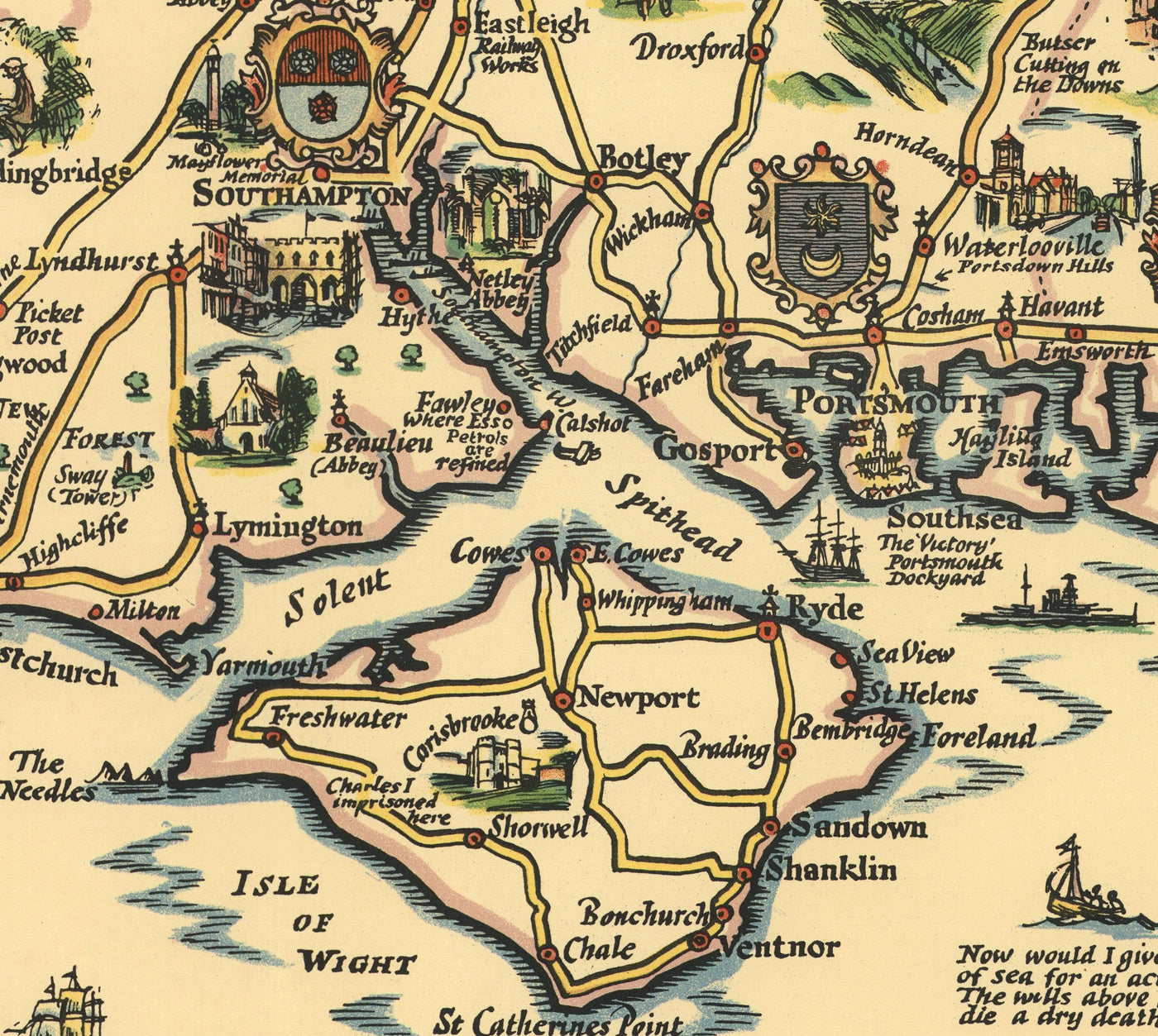 Esso Plan of Roads to the South Coast 1931 - Kent, Sussex, Surrey, Hampshire - Old Vintage Car Map - Pratts, Standard Oil