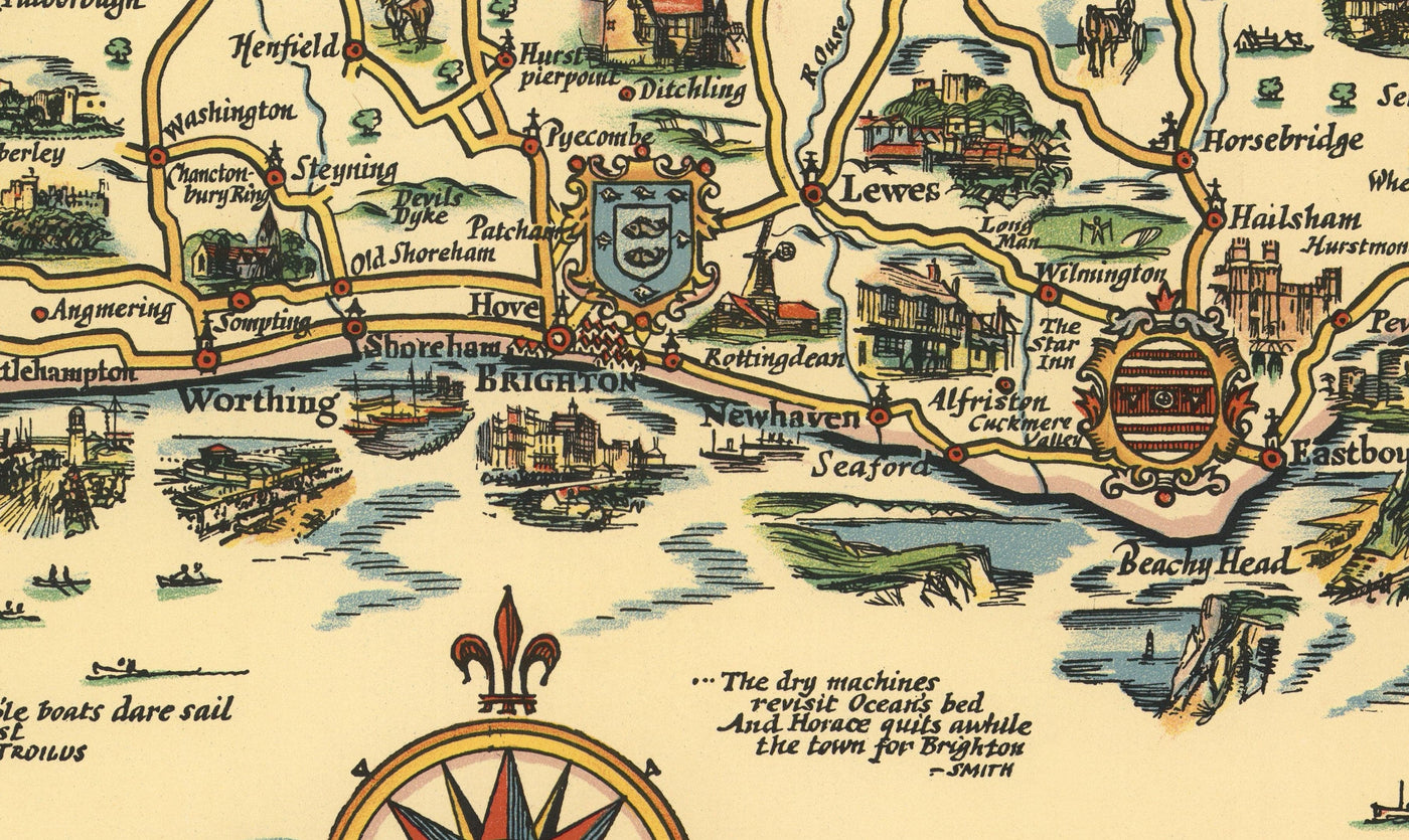 Esso Plan of Roads to the South Coast 1931 - Kent, Sussex, Surrey, Hampshire - Old Vintage Car Map - Pratts, Standard Oil