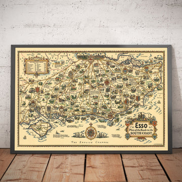 Esso Plan of Roads to the South Coast 1931 - Kent, Sussex, Surrey, Hampshire - Old Vintage Car Map - Pratts, Standard Oil
