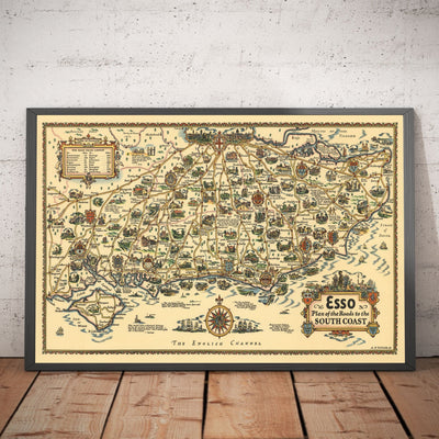 Esso Plan of Roads to the South Coast 1931 - Kent, Sussex, Surrey, Hampshire - Old Vintage Car Map - Pratts, Standard Oil