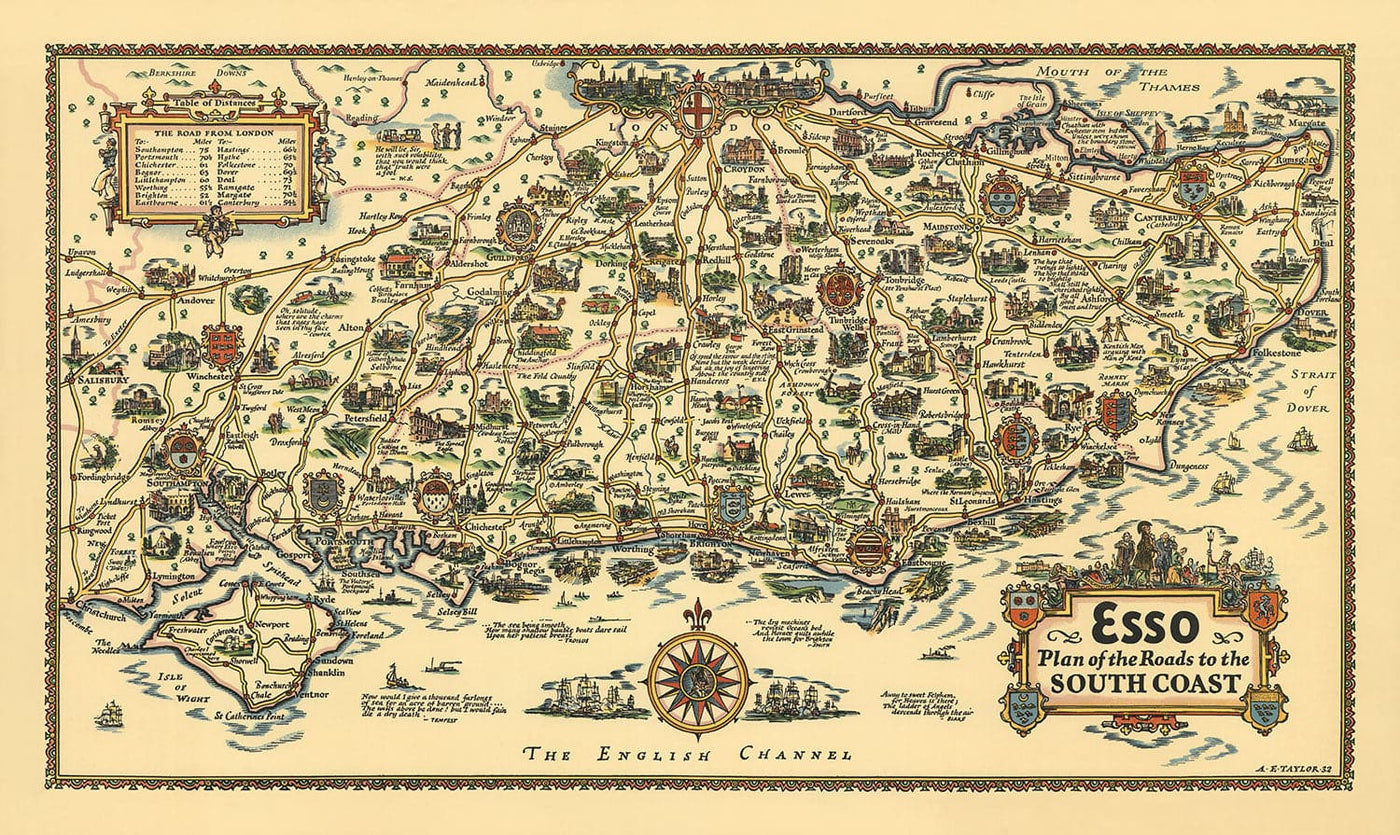Esso Plan of Roads to the South Coast 1931 - Kent, Sussex, Surrey, Hampshire - Old Vintage Car Map - Pratts, Standard Oil