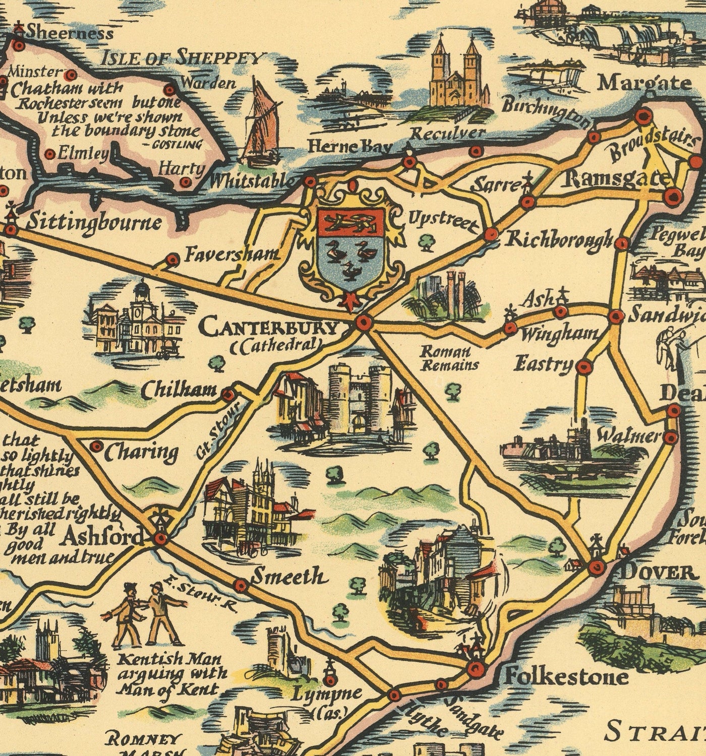 Esso Plan of Roads to the South Coast 1931 - Kent, Sussex, Surrey, Hampshire - Old Vintage Car Map - Pratts, Standard Oil