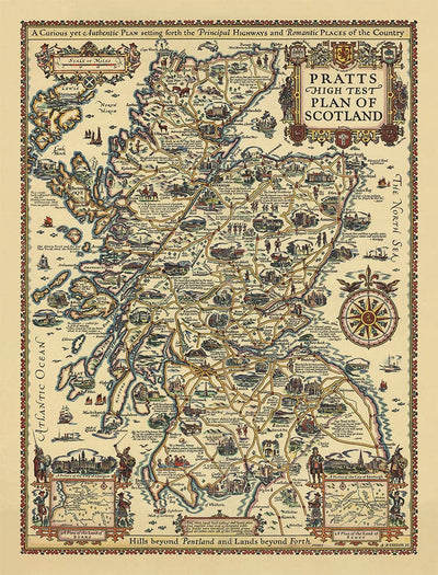 PRATTS Plan d'essai élevé de l'Ecosse 1931 - Édimbourg, Glasgow, Highlands - Vieille Carte de voitures Vintage - Esso, huile standard