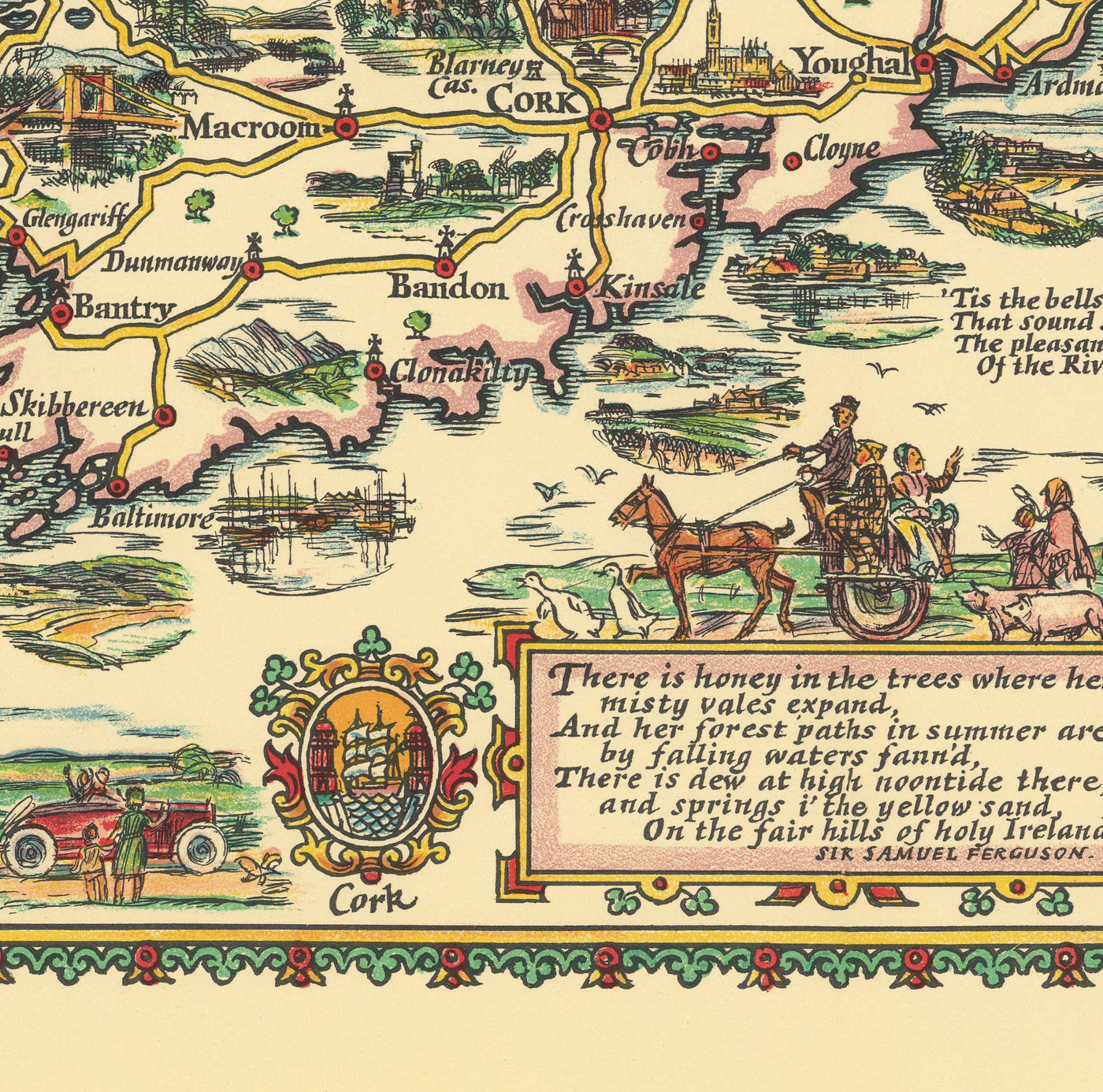Pratts High Test Plan of Ireland, Eire, 1933 - Dublin, Belfast, Ulster - Old Vintage Motoring Car Map - Esso, Standard Oil