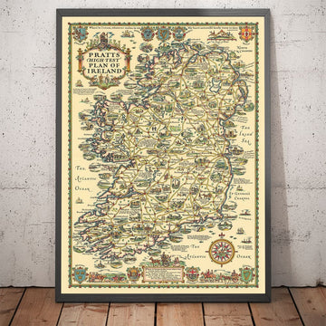 Pratts High Test Plan of Ireland, Eire, 1933 - Dublin, Belfast, Ulster - Old Vintage Motoring Car Map - Esso, Standard Oil