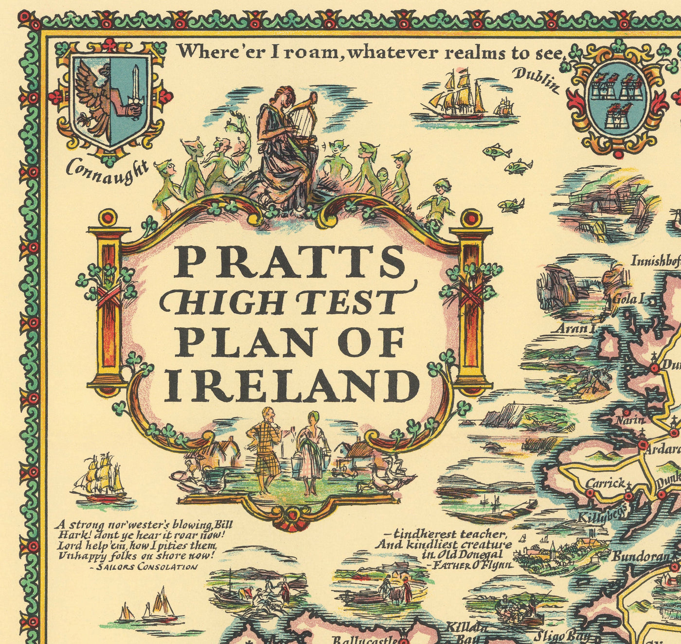 Pratts High Test Plan of Ireland, Eire, 1933 - Dublin, Belfast, Ulster - Old Vintage Motoring Car Map - Esso, Standard Oil