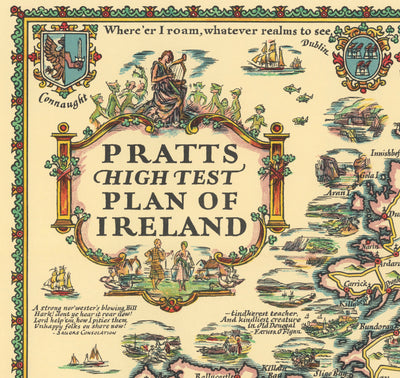 Pratts High Test Plan of Ireland, Eire, 1933 - Dublin, Belfast, Ulster - Old Vintage Motoring Car Map - Esso, Standard Oil