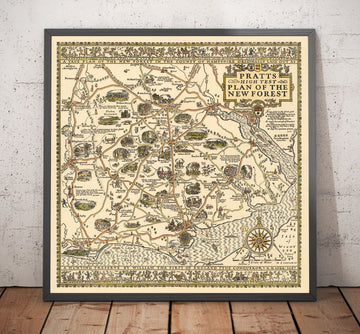 Pratts High Test Plan of the New Forest, 1930 - Hampshire, Lyndhurst - Old Vintage Motoring Car Map - Esso, Standard Oil