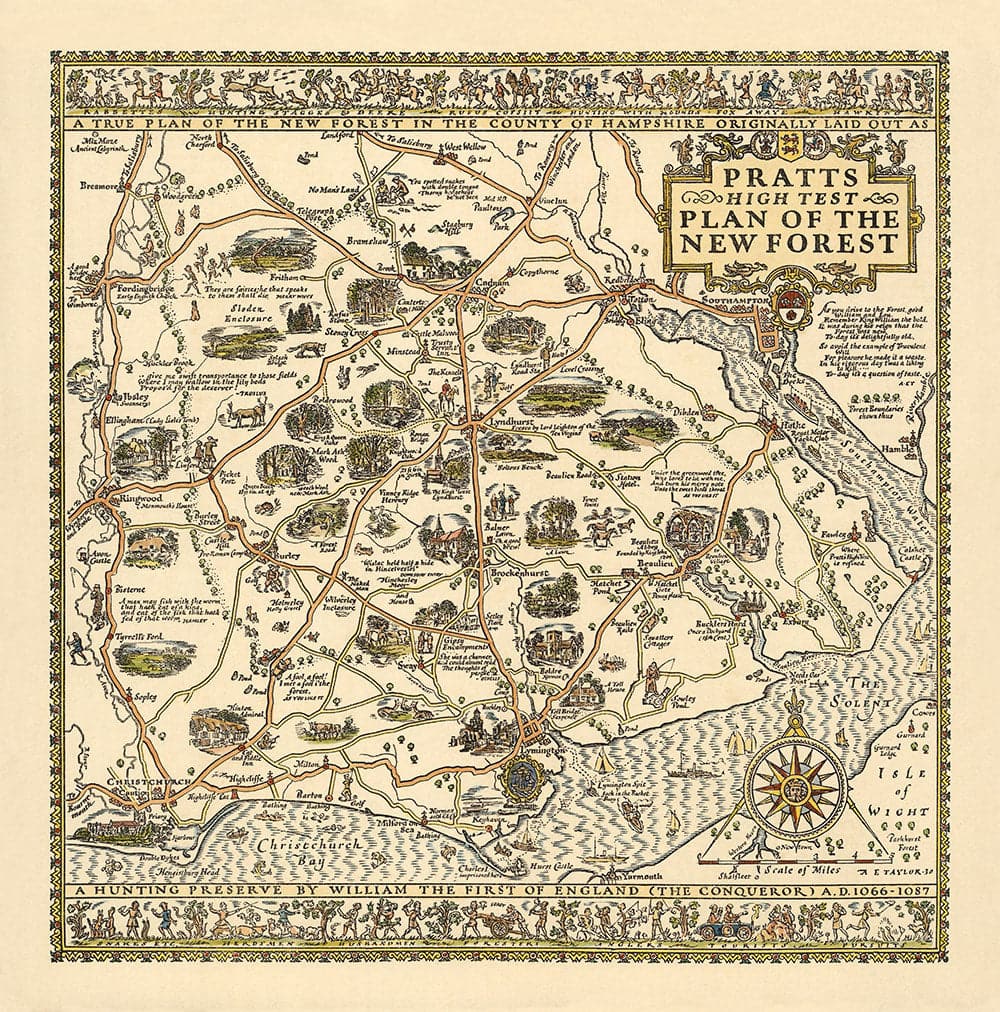 Pratts High Test Plan of the New Forest, 1930 - Hampshire, Lyndhurst - Old Vintage Motoring Car Map - Esso, Standard Oil