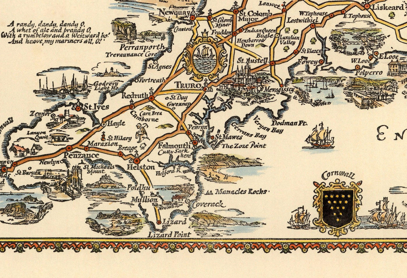 Pratts Plan des West Country, 1932 von A.E. Taylor - Somerset, Dorset, Devon, Cornwall - Alte Vintage-Autokarte - Esso, Standard Oil 