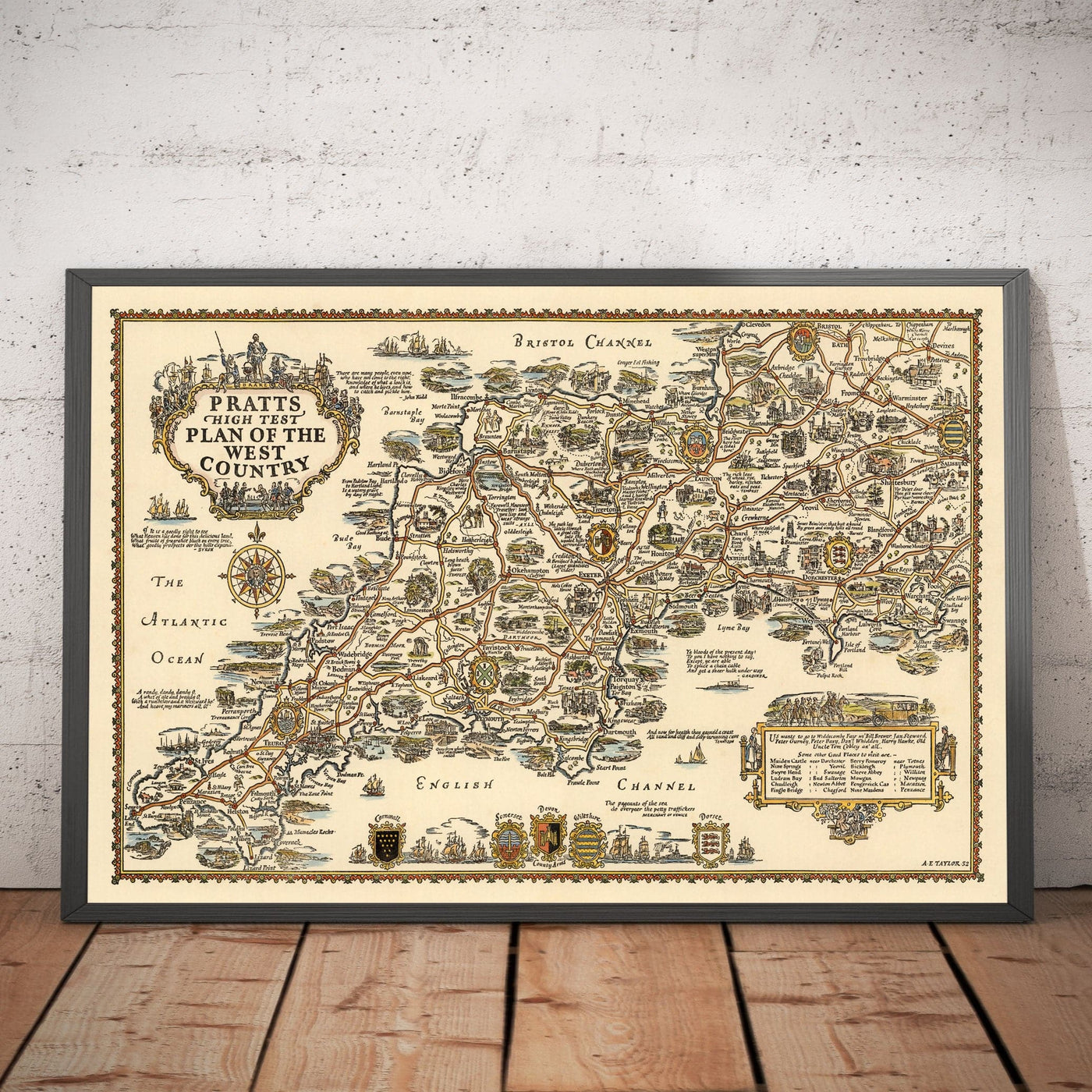 Pratts Plan des West Country, 1932 von A.E. Taylor - Somerset, Dorset, Devon, Cornwall - Alte Vintage-Autokarte - Esso, Standard Oil 