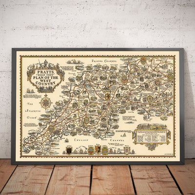 Pratts Plan des West Country, 1932 von A.E. Taylor - Somerset, Dorset, Devon, Cornwall - Alte Vintage-Autokarte - Esso, Standard Oil 
