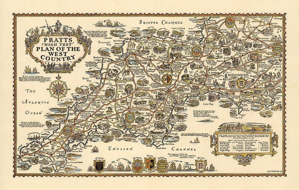 Pratts Plan des West Country, 1932 von A.E. Taylor - Somerset, Dorset, Devon, Cornwall - Alte Vintage-Autokarte - Esso, Standard Oil 