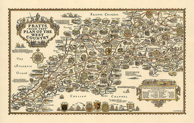 Pratts Plan des West Country, 1932 von A.E. Taylor - Somerset, Dorset, Devon, Cornwall - Alte Vintage-Autokarte - Esso, Standard Oil 